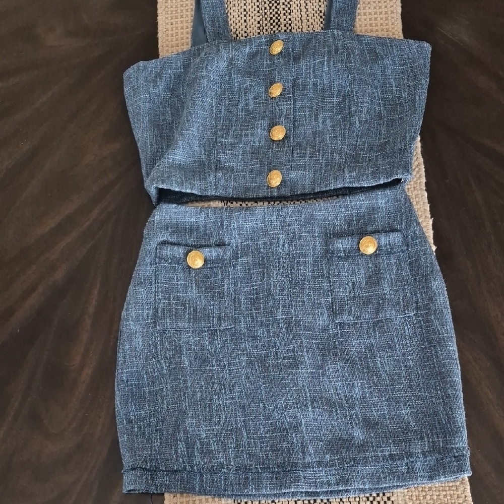 Two-Piece Blue Crop Top & Mini Skirt Set with Gold Buttons